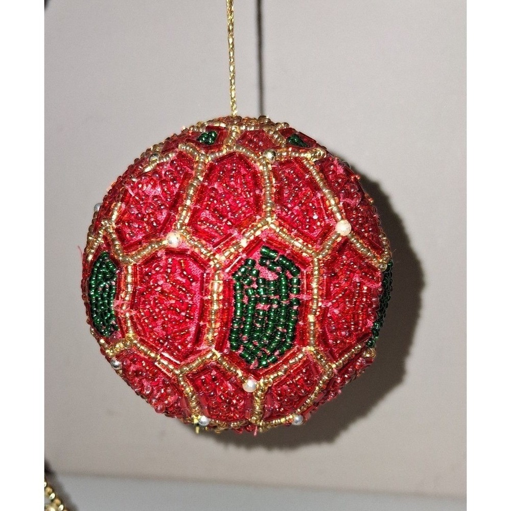 Vintage Handmade Beaded Christmas Ball Ornament Red Green Gold Sequins Pearls 3"